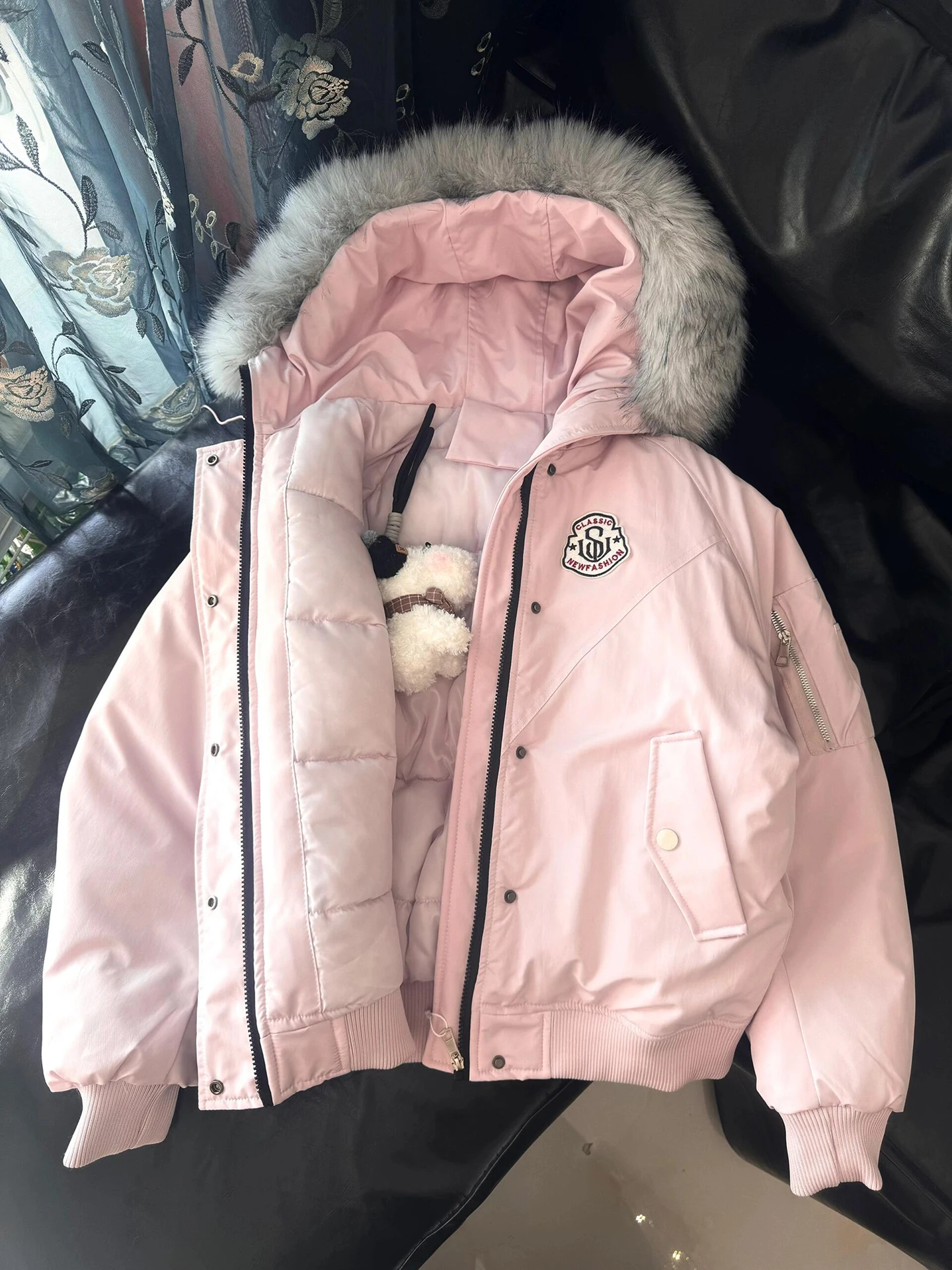 

Thiened Pink down Parka Coat Men Women Winter Warm Anti-Cold Skiing Couple Hooded Fur Collar Thi Outerwear Jaet