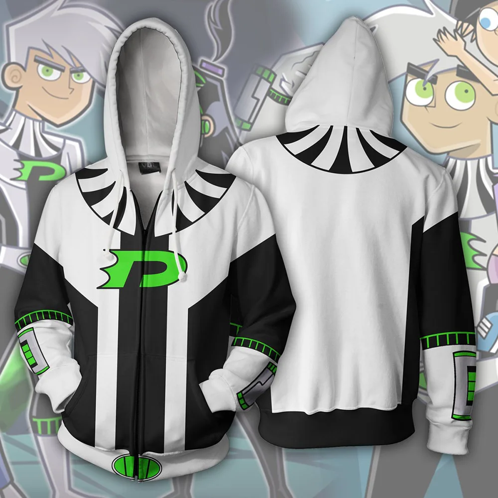 Disfraz de Anime Danny Phantom para hombre, sudadera informal con capucha, chaqueta con cremallera, abrigo, ropa de calle