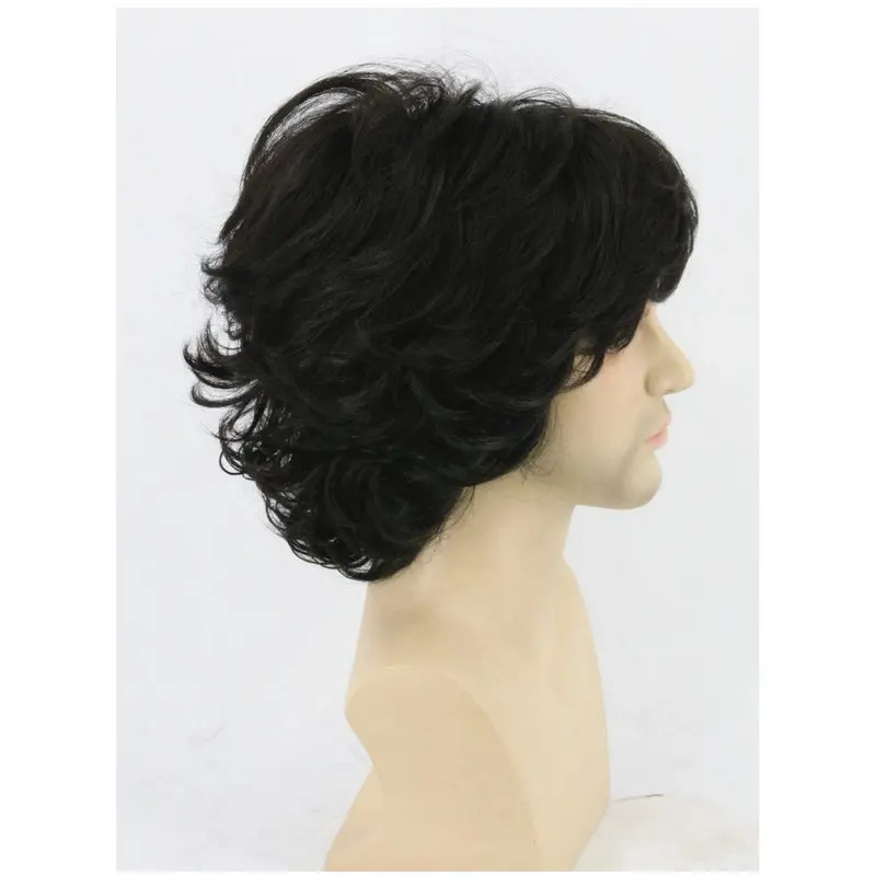 الرجال الأوروبية والأمريكية مجعد الجانب الانفجارات الشعر القصير بني داكن أسود شعر مستعار رقيق