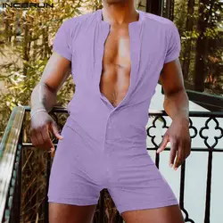 INCERUN-monos de punto para hombre, ropa de casa de estilo Sexy, sólido, cuello, informal, cómodo, manga corta, ángulo plano, S-5XL, 2024
