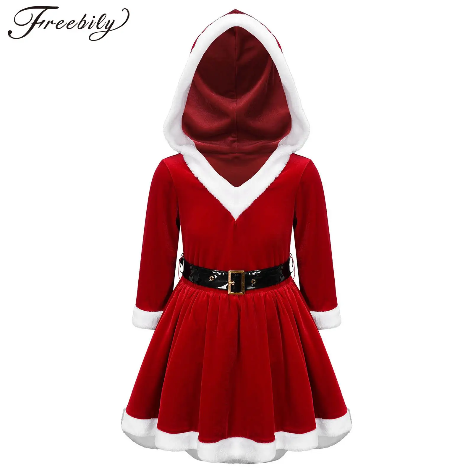 

Kids Girls Christmas Velvet Hooded Dress Long Sleeve Tutu Dress with Belt New Year Party Halloween Santa Claus Cosplay Costume