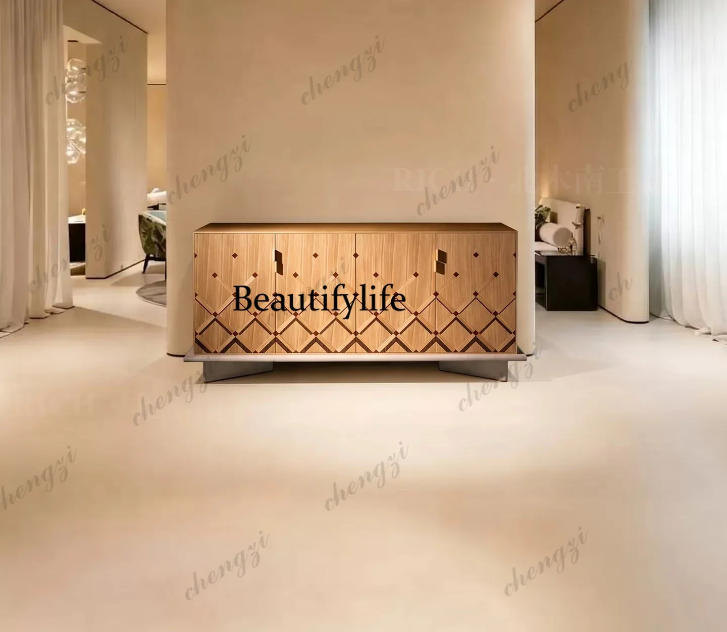 p182 Modern simple solid wood dining side cabinet geometric rhombus pattern locker living room furniture
