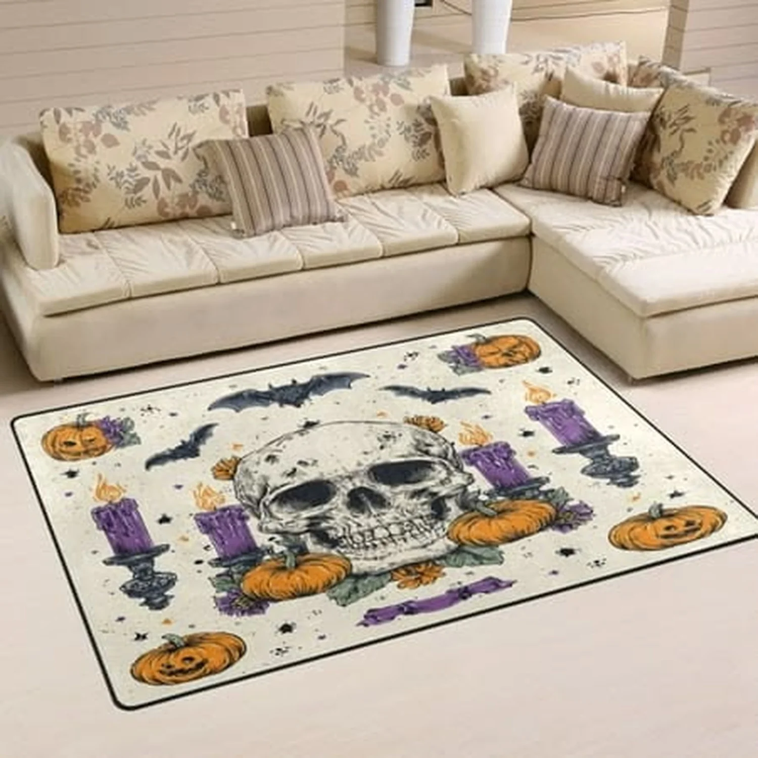 Non-Slip Carpet, Washable Indoor Rug with Printed Patterns, Suitable for Living Room, Bedroom, Home Decoration, Featuring Skull, Candle, and Pumpkin Designs