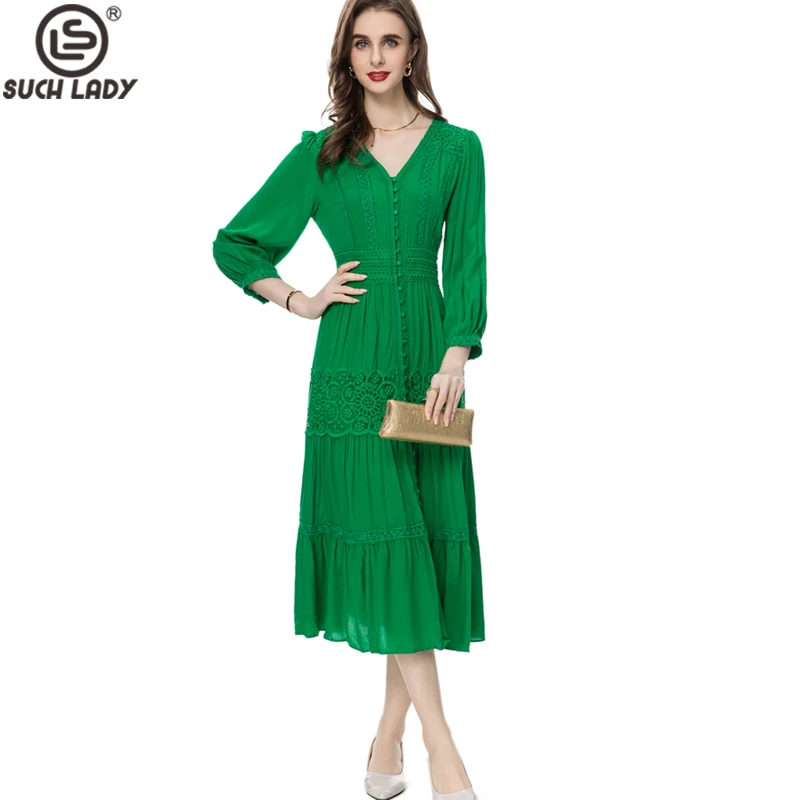 

Women's Runway Dresses Sexy V Neck 3/4 Sleeves Embroidery Tiered Ruffles Single Buttons Detailing High Street Fashion Mid Vestid