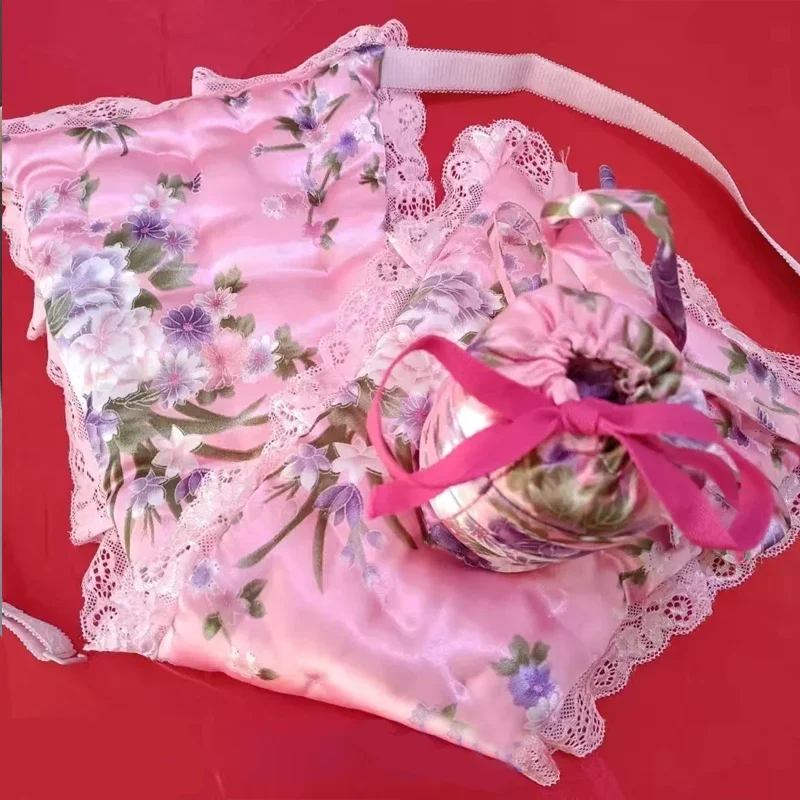 

Men Pink Glossy Soft Floral Lace Silky Touch Panties Handmade Adjustable Waistband Filled Cotton T-briefs FKK Dance Party BF