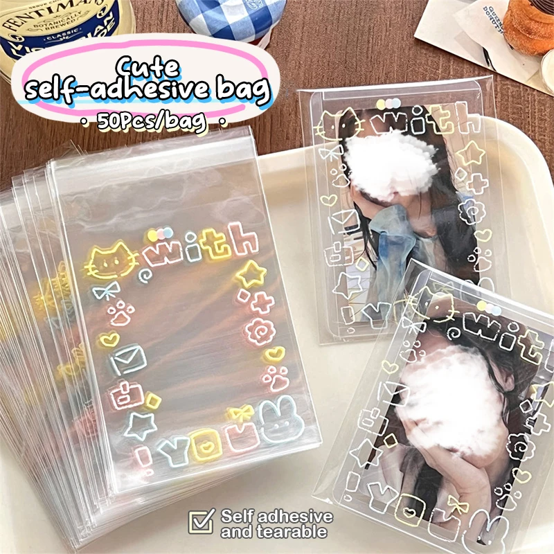 50Pcs Graffiti Kitten Self-adhesive Bag Small Card Self Sealing Bag Packaging Card Gift OPP Bag