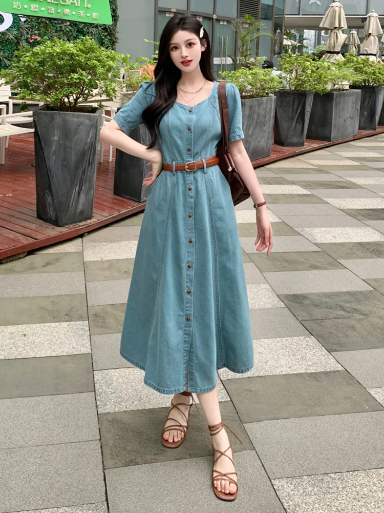 

Blue Vintage Women Short Sleeve Denim Dress Summer New Square Collar Single Breasted A-line Dress Casual Female Long Dress