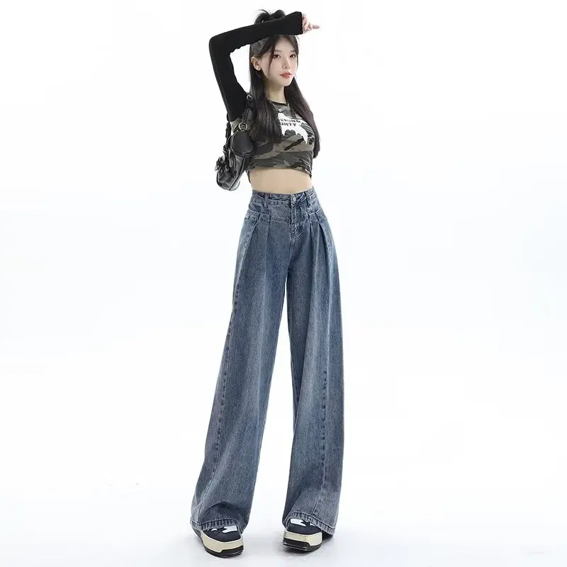 

2024 Women Solid Color Jeans Sweatpants Harajuku High Street Pants High Elastic Waist Drawstring Baggy Trousers Loose Streetwear