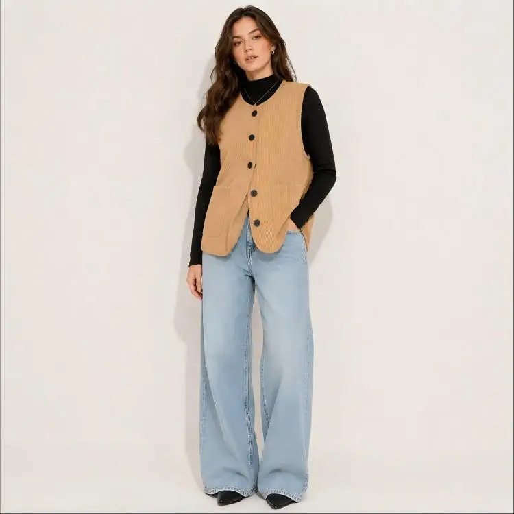 Women's Camel Fleece-Lined Vest Autumn Winter Warm Sleeveless Jacket Casual Layering Outerwear Button Front Slim Fit