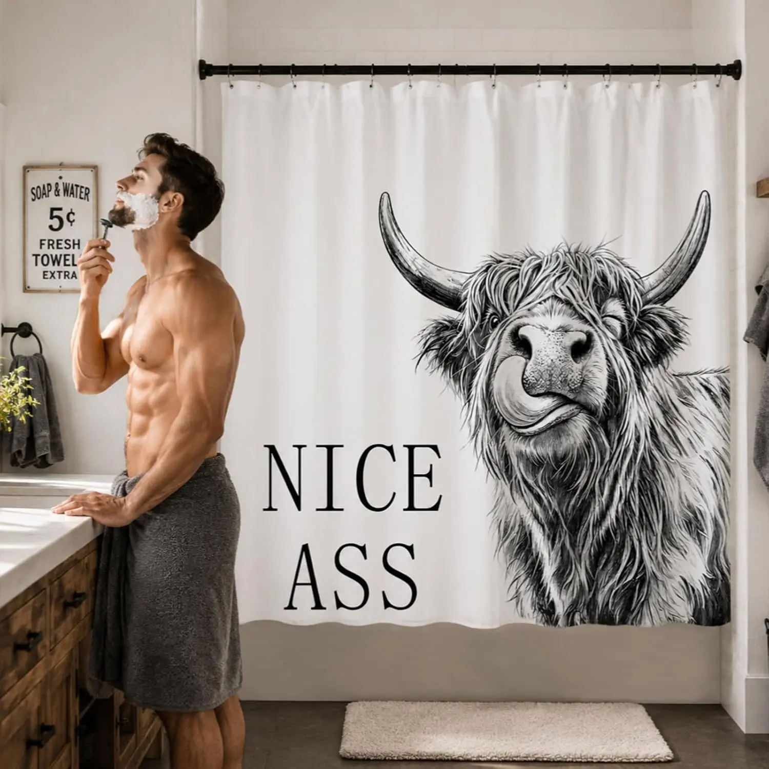 Funny Novelty Nice Ass Ram Goat Drawing Shower Curtain Waterproof Bathroom Decor  72x72 Inches Humor Art Gift Accessory