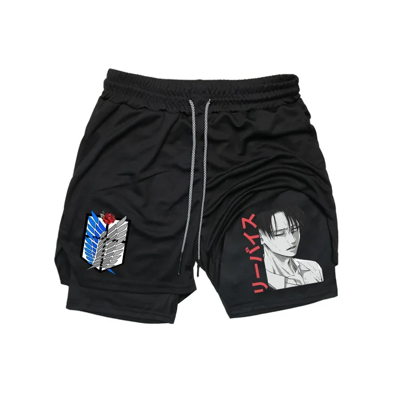 

Fitness Shorts for Men Printed 2-in-1 Sports Breathable Performance Shorts Levi Ackerman Towel Pants Workout Quick-drying Pants
