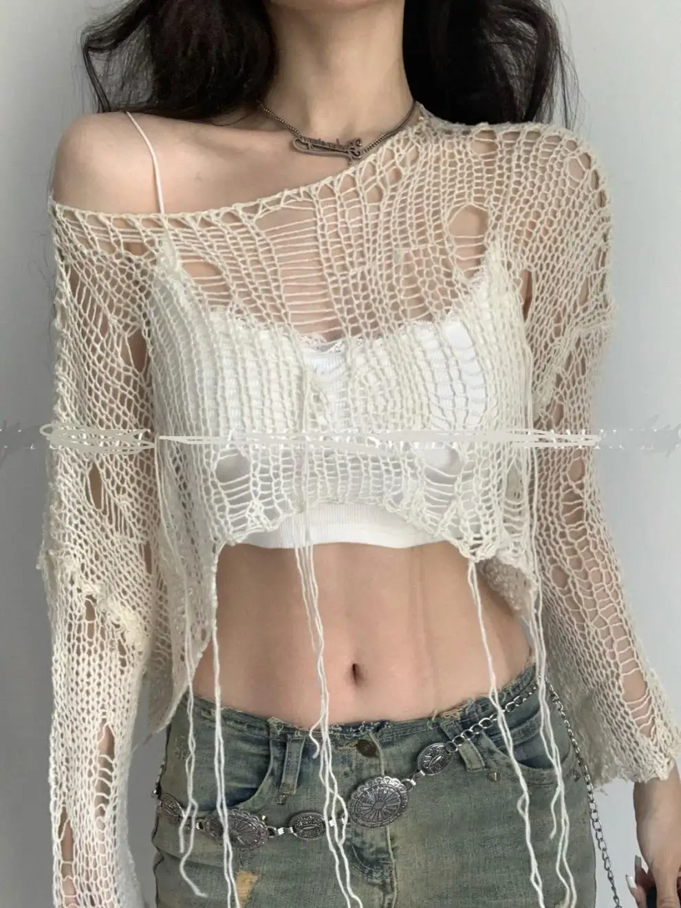 Y2k Millenial Knit Spiderweb Shape Cutout Sexy Punk Street Style T-Shirt Top Perspective Chic Little Top For Women