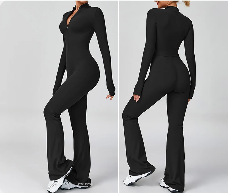 VITALINOVO Damen-Overall mit langen Ärmeln, Flare-Workout-Overall, Reißverschluss, Strampler, Hose, weites Bein, Ganzkörper-Body, figurbetont, einteilig – Detail 27