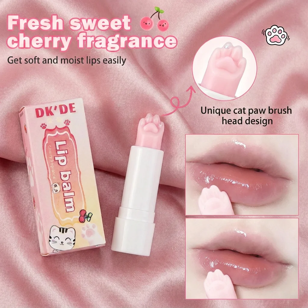 DKDE Cherry Lip Balm Prevent Chapped Lips Waterproof Long-Lasting Moisturizer Cat Paw Brush Design Soft Nourishing Lipstick Base