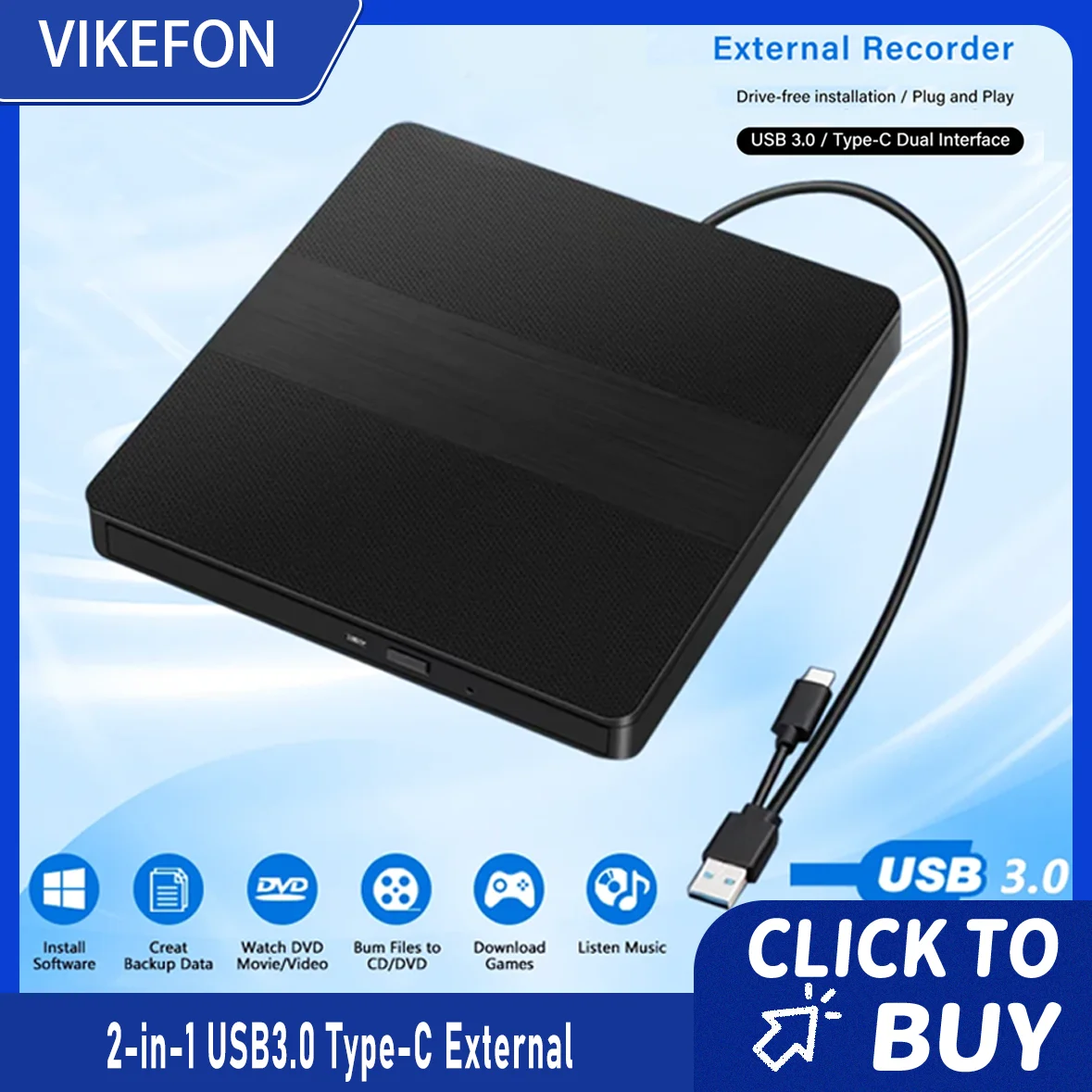 

2-в-1 USB3.0 Type-C Внешний DVD-RW Привод для записи компакт-дисков Считыватель-плеер CD-ROM DVD-ROM Оптические привода для ноутбуков Настольный ПК