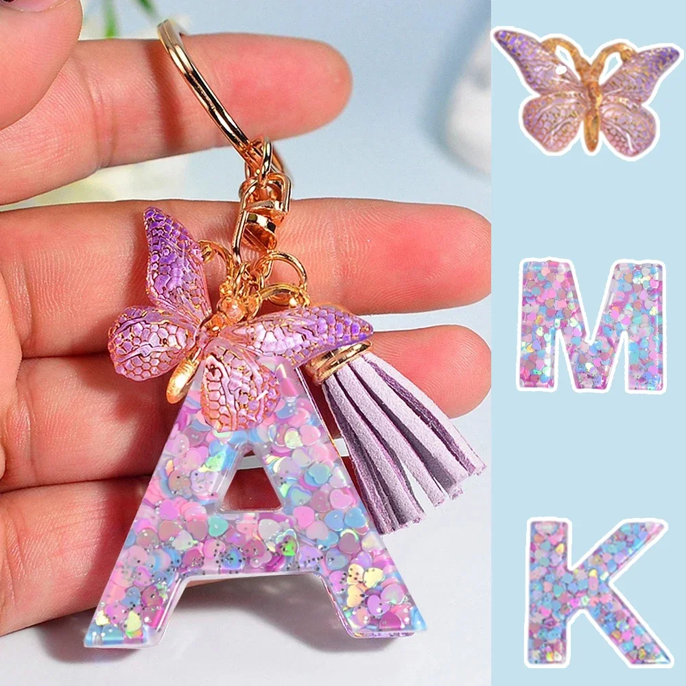 Fashion Tassel Butterfly 26Letter Keychain Colorful Love Heart Filled Resin Alphabet Keyring Women Girls Car Bag Phone Pendant