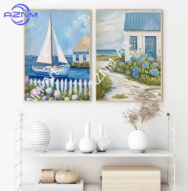 vintage Blue Coastal Beach  Sailboat Hydrangea Posters Prints Seashell Canvas Painting Wall Art Living Room Home Decor Cuadros