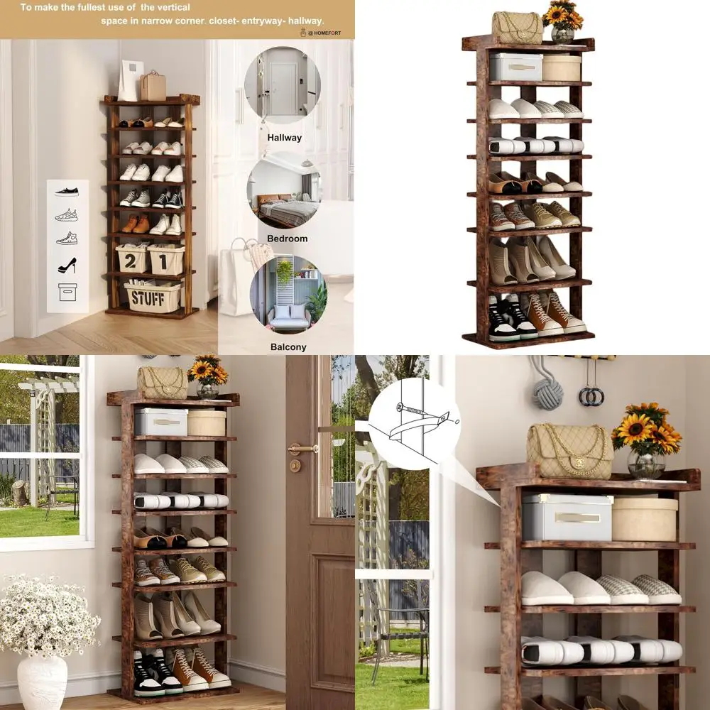 

7-ярусная двухрядная деревянная полка для обуви, подставка для хранения в прихожей, коричневый цвет под старину