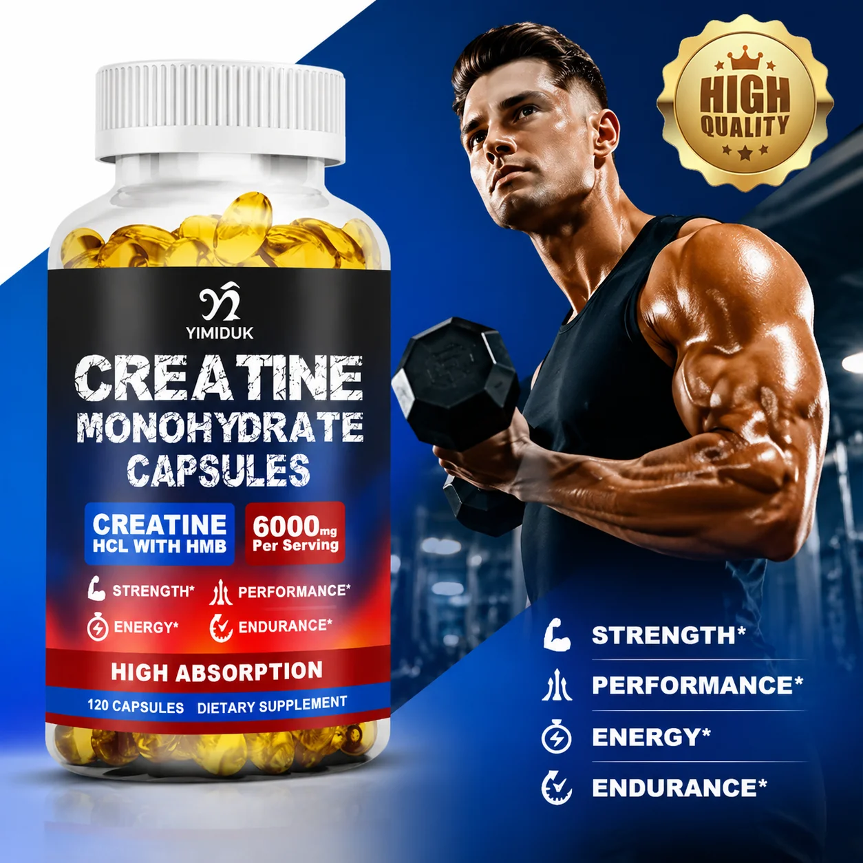 Creatine Monohydrate Capsules, Supports Energy Production, Pre/Post Workout, Fitness, Strength, Muscle Building Supplements