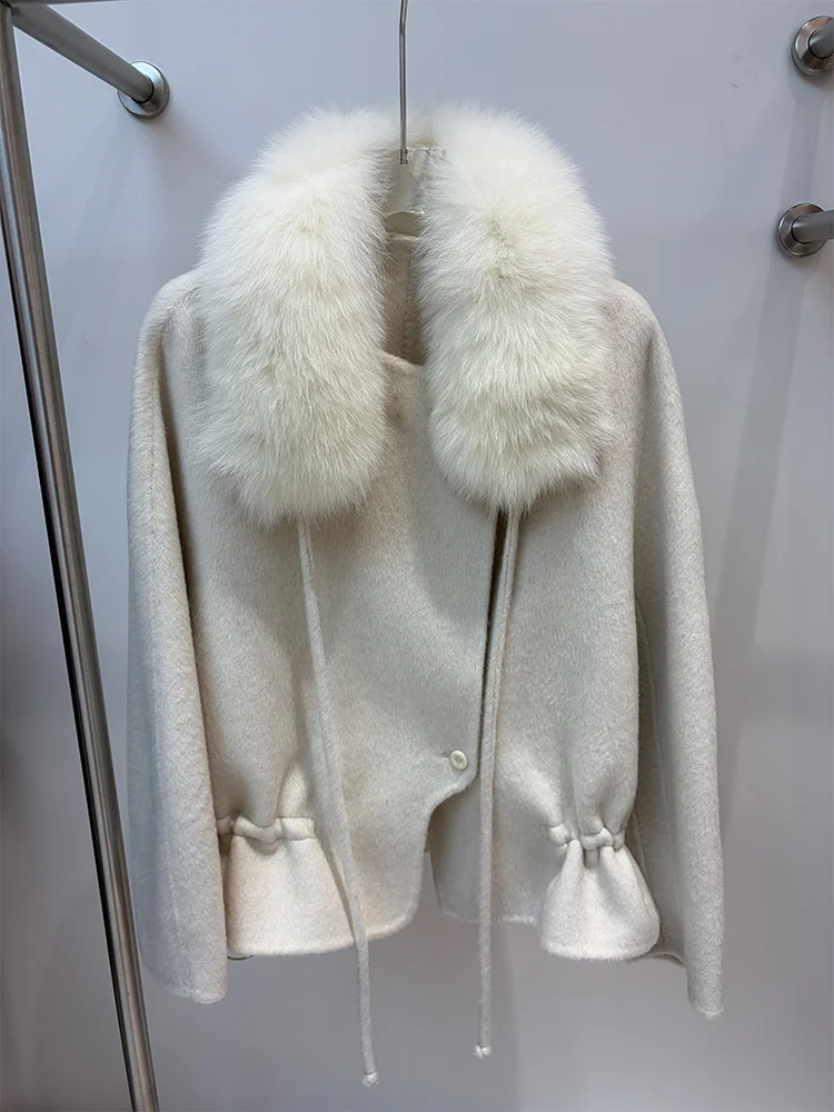 2026 Winter Women's Warm Wool Cashmere Jacket Natural Real Fox Fur Collar Scarf Coat Luxury Casual Female Coat
