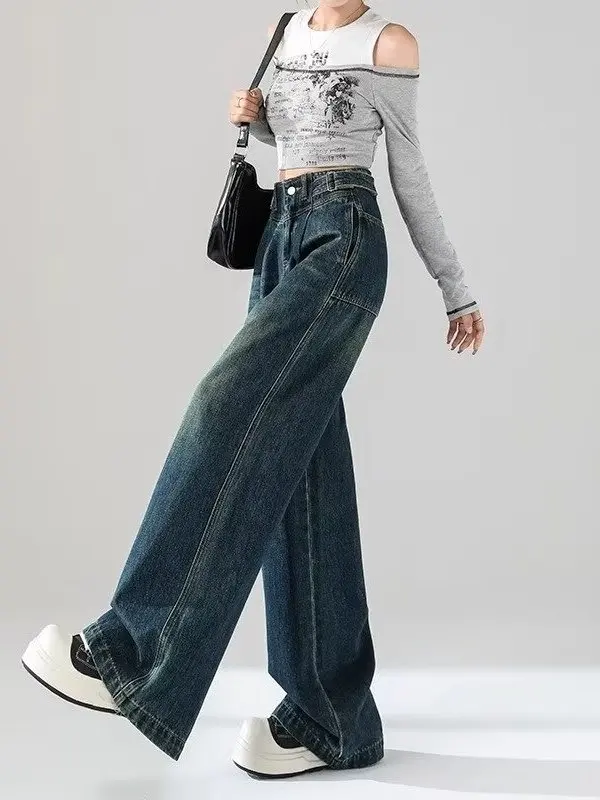 Adjustable Waist Buckle Wide Leg Denim Jeans Women's American Retro High Waist Loose Slimming Draping Long Pants