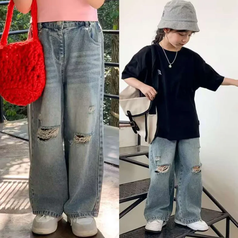 

Hnq-Girls' Ripped Jeans Cute Play Mop Pants Distressed Straight-Leg Pants High Waist Retro Wide Leg Pants Children One Generatio