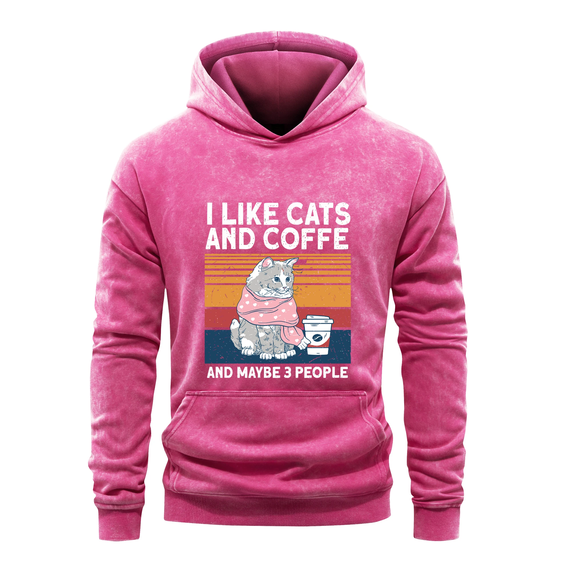 I Like Cats And Coffe Hoodies Mens Vintage Washed 100%Cotton Korean Fit Pullover M-XXL Simple Hoodie Clothing