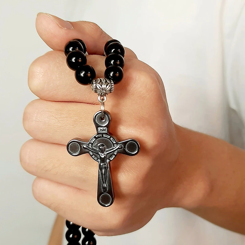 MEN BLACK CARNELIAN STONE ROSARY BEAD NECKLACE CROSS CRUCIFIX CATHOLIC MALE JEWELRY