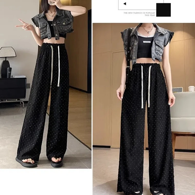 Women Elastic Waist Pleated Loose Pockets Wide Leg Pant Summer New Drawstring Casual Fashion High Waist Straight Pants Trend