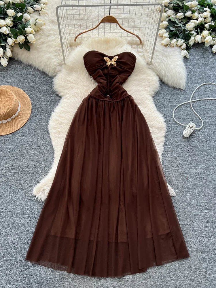 Retro oulder Bared Dr Dames Nieuwe Hoge Taille Afslanken A-lijn Tule Lange Dr Ele Ci Woon-werkkleding