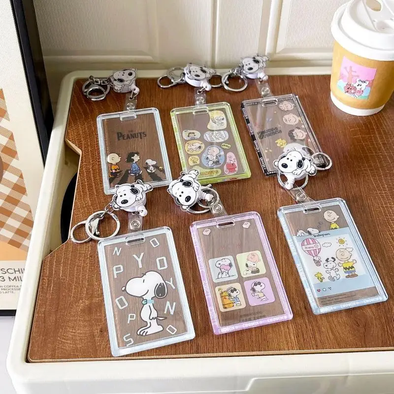 Kawaii Peanuts Snoopy Charlie Brown Id Card Holder Transparent Anti Loss Acrylic Card Cover Key Chain Bag Pendant Gift For Girls