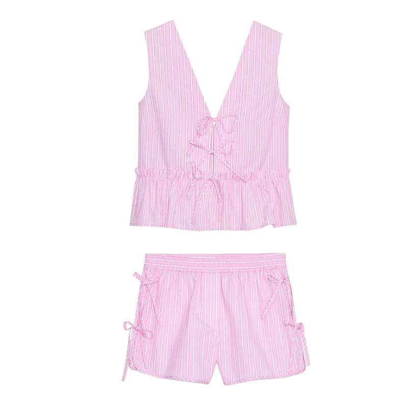 Conjunto de Moda de Verão com Top Sem Mangas em V com Estampa de Laço e Calças Curtas, Roupa Fena em Dois Peças