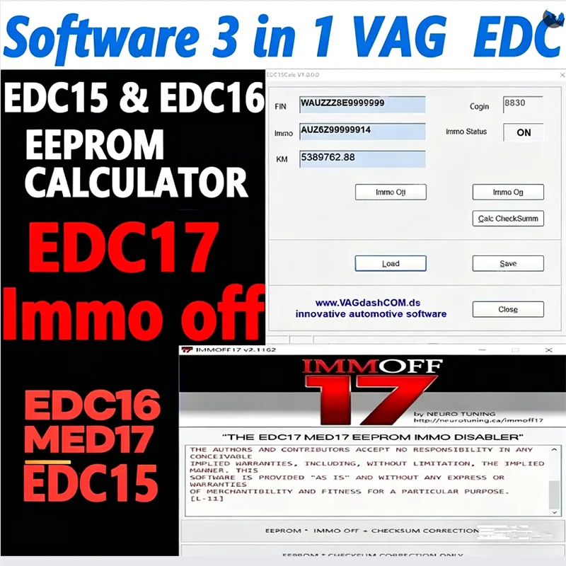 

Software 3 in 1 VAG EDC15 & EDC16 Eeprom Calculator / Immo / Vin / Mileage / Pin and EDC17 MED17 IMMO Off in Eeprom or Flash