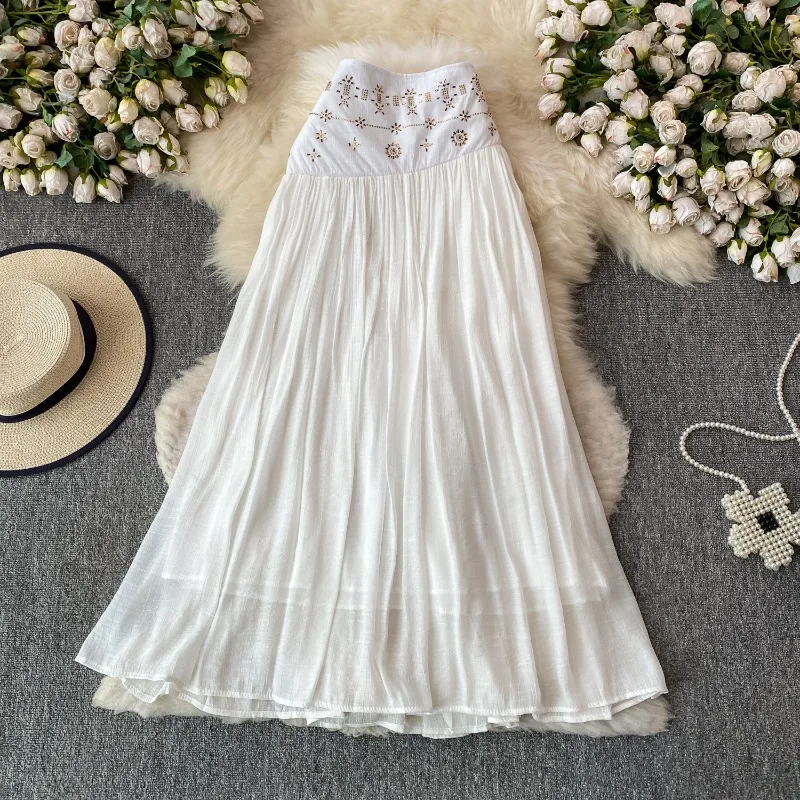 2026 Diamonds Elastic-waist Pleated Skirt Women's Casual Maxi Skirts Spring Summer High-waisted Double-layer Loose A-line Skirts