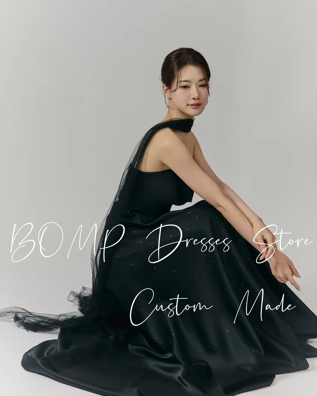 BOMP elegante zwarte kralen bruiloft feestjurk strapless vloerlengte taffeat Korea fotoshoot bruidsreceptiejurk op maat