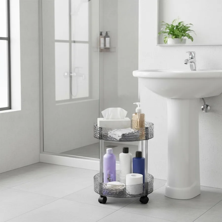 رمادي طبقة مزدوجة مستديرة المطبخ الحمام غرفة المعيشة الجرف الطابق تخزين الرف متعدد الطبقات خزانة شفافة عربة متحركة