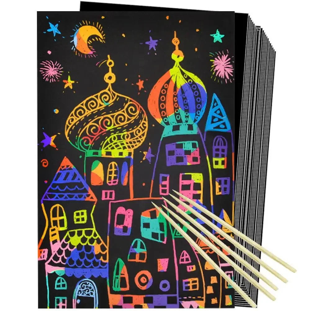 

50Pcs Art Rainbow Scratch Paper Bamboo Stylus Set Scratch Off Art Craft Supplies Kits for Kids for Fun DIY Toy Party Favors Game
