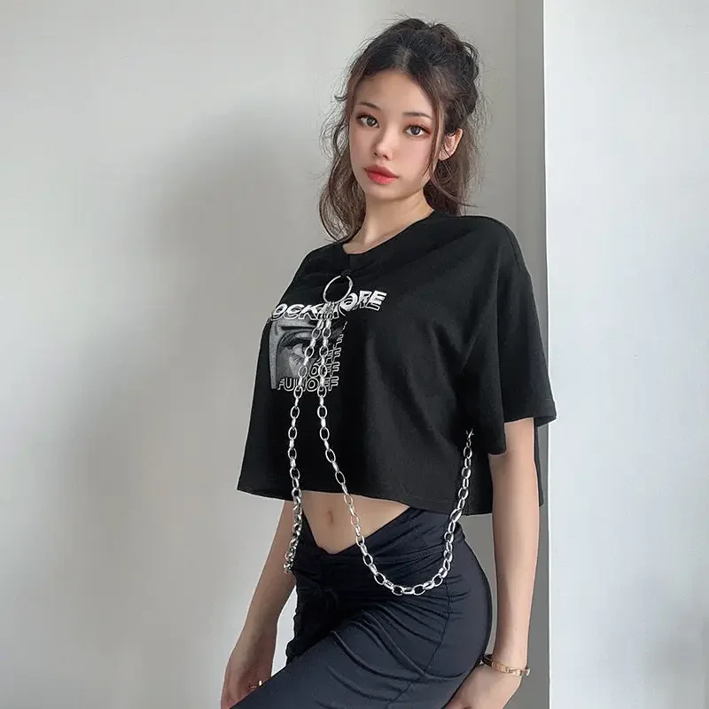 Hip-hop Black Tops with Chain Women Harajuke Loose Print T-shirt Female Streetwear O-neck Short Sleeved Cropped Top Dance