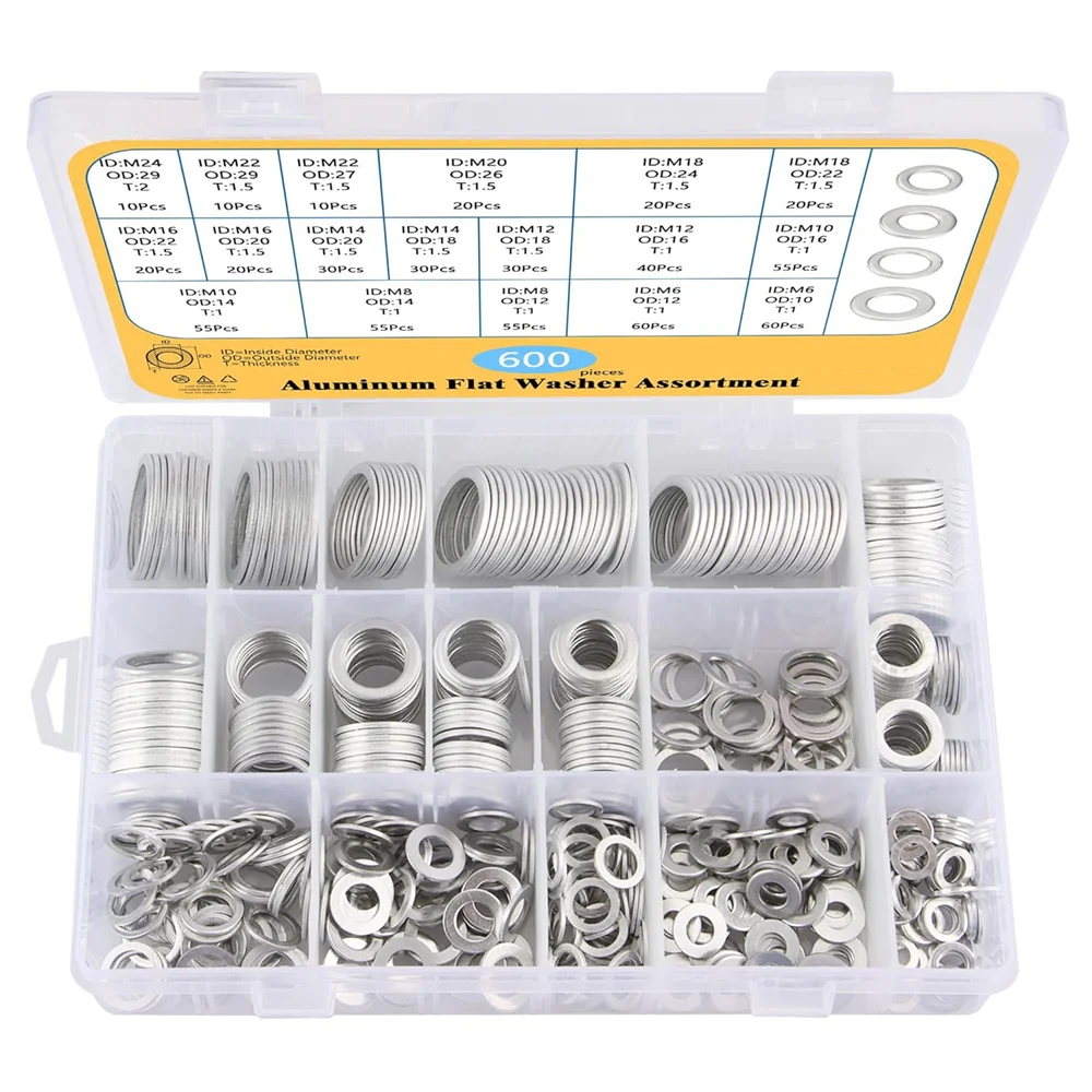 

600 Pieces Automotive Drain Plug Gaskets, Crush Washer Oil Drain Plug Aluminum Flat Washers Assortment Kit18 sizes (M6 -M24)