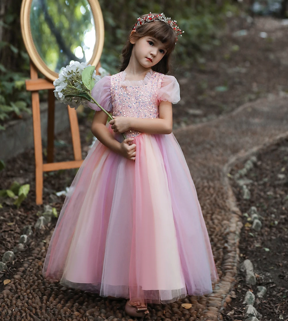 A children\'s dress Short sleeve sequined princess skirt A long floor-length skirt Halloween costumes