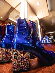 Shiny Dark Blue Mirrored Men Leather Boots with Thick Low Heels Colored Gemstones Inlaid Round Toe Luxury Red Zipper Party Shoes