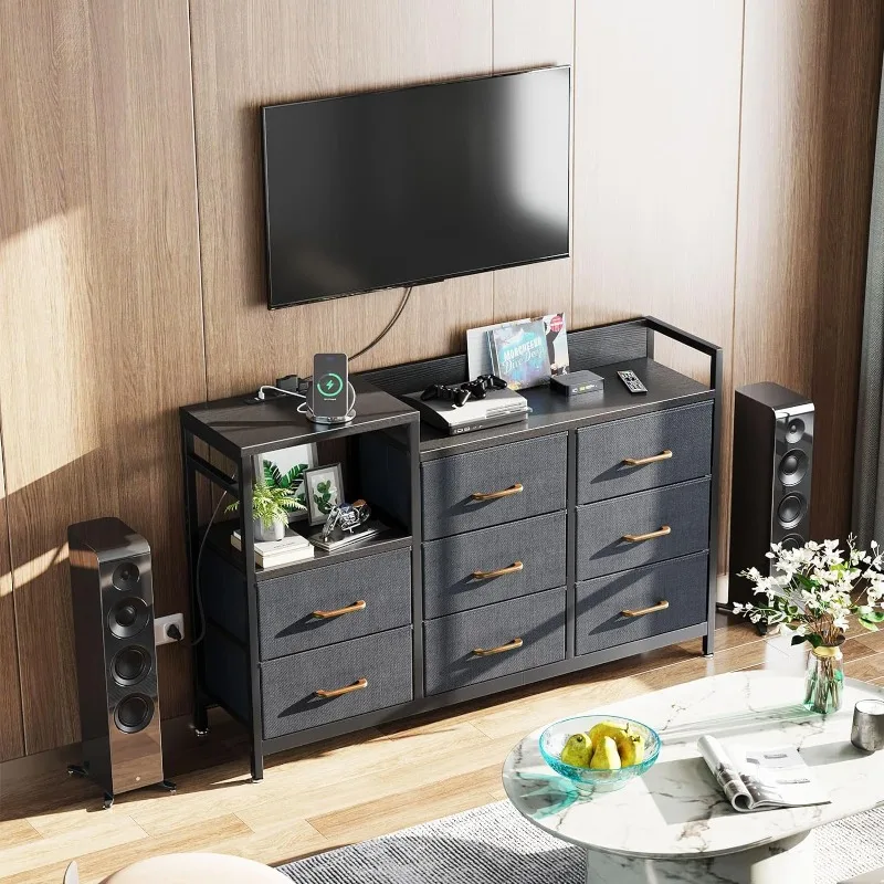 ODK Dresser with Charging Station, Wide Dresser 52'' Long Dresser for Bedroom Dresser with 8 Drawers, Chest of Drawers Easy-Pull