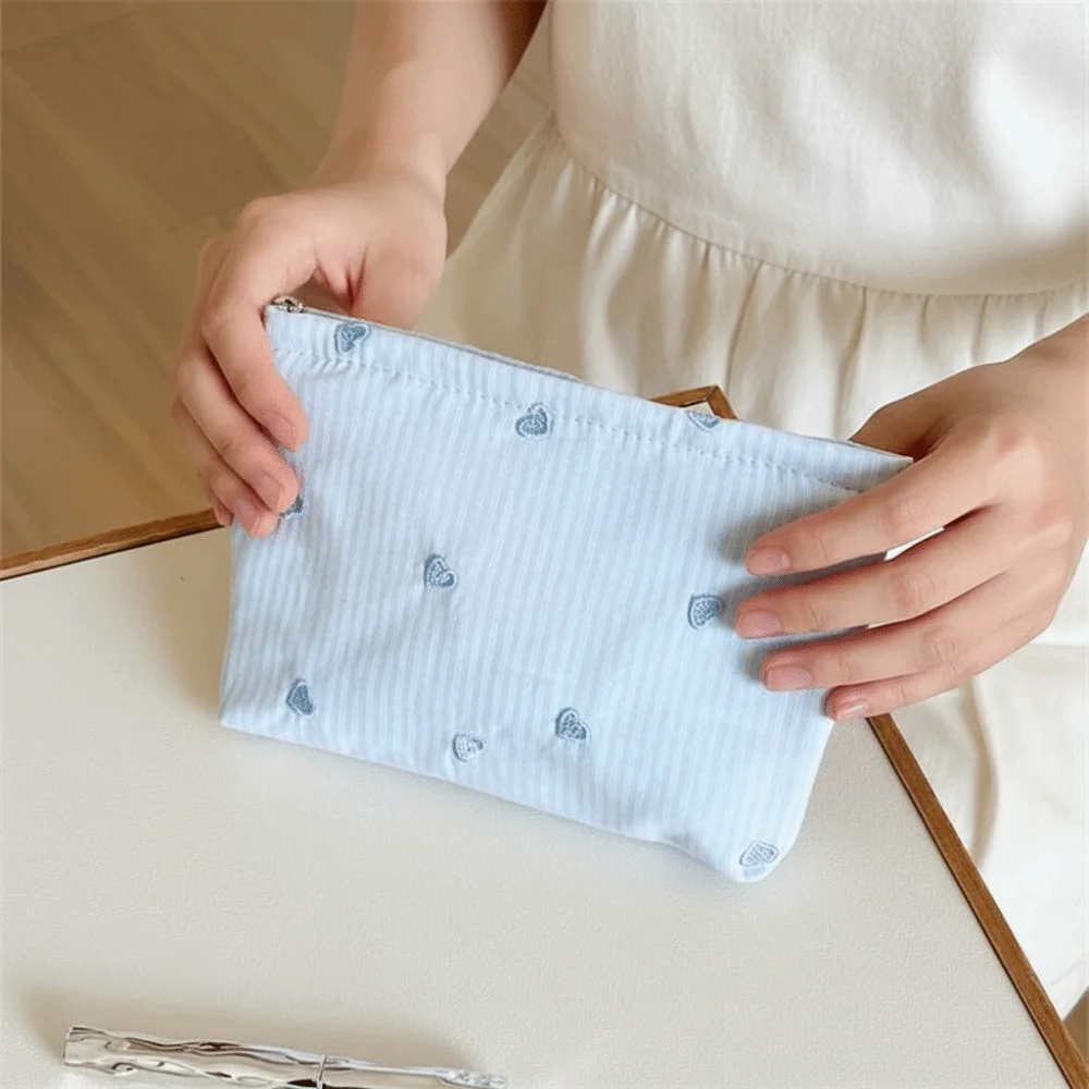 Classic Stripes Makeup Pouch Embroidered Pattern Smooth Zipper Cosmetic Organizer Soft Canvas Washable Cotton Toiletry Bag
