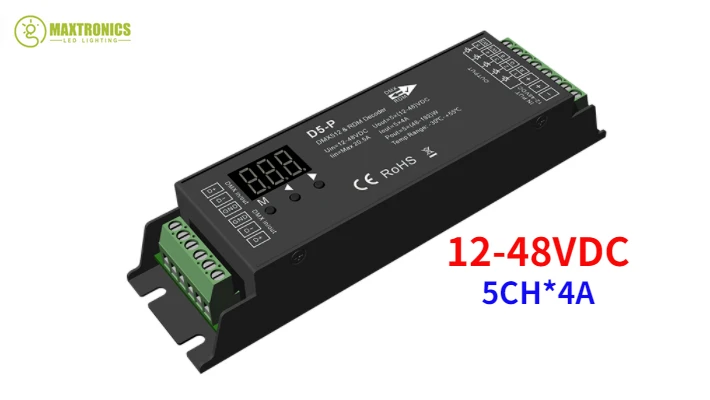 DC12-36V/48V D4-E D4-P 4 Channel PWM DMX Decoder D5-E D5-P 5CH DMX512 Controller Digital Display XLR3 RJ45 For RGB RGB +CCT Tape