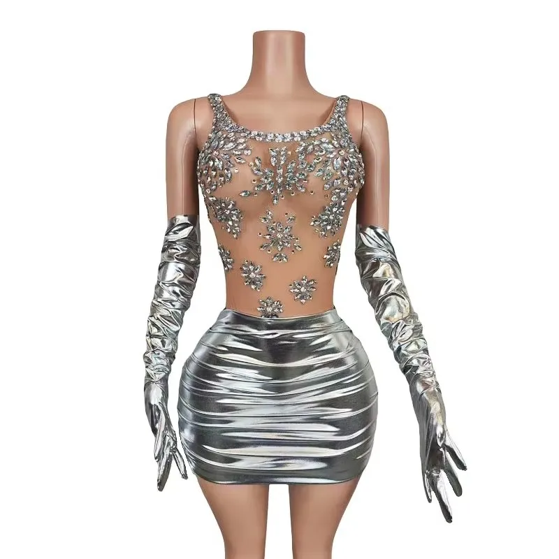 Vestido corto Sexy con diamantes de imitación para mujer, con guantes, cristal transparente, club nocturno, fiesta, actuación en escenario, traje ajustado