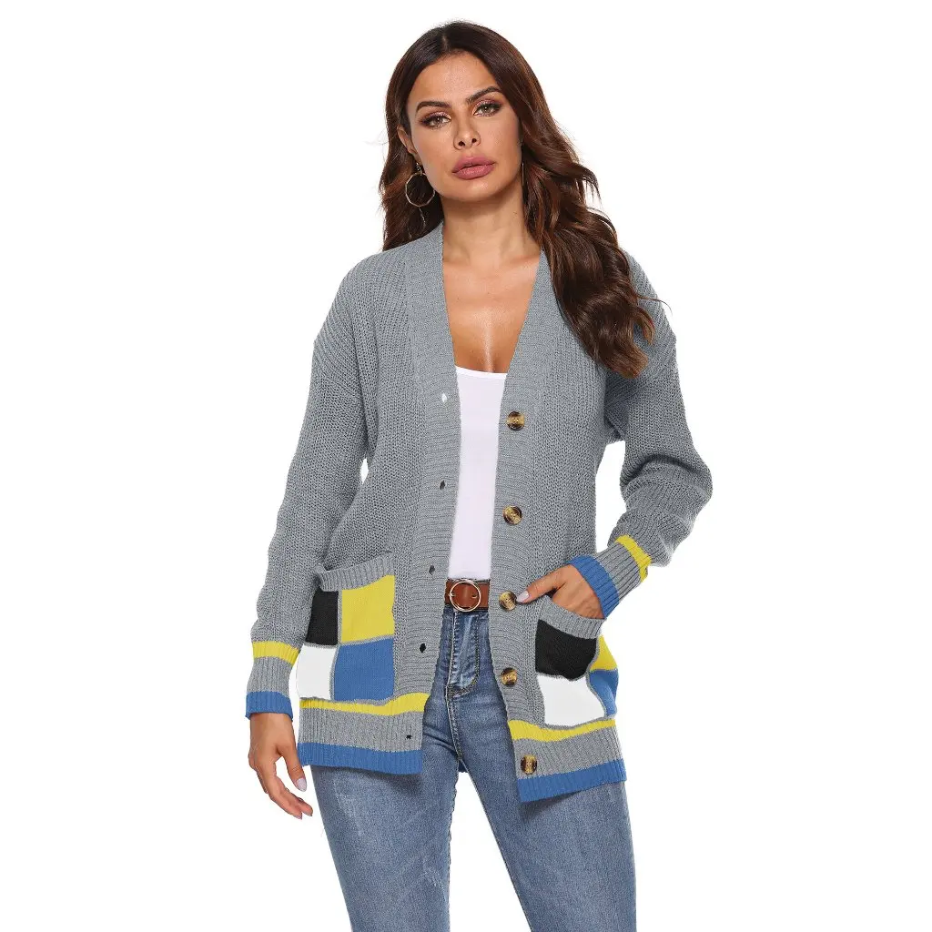 

Color-Blocked Long-Sleeve V-Neck Cardigan European American Style Autumn Winter Jacket with Large Pockets Button Detail A190973