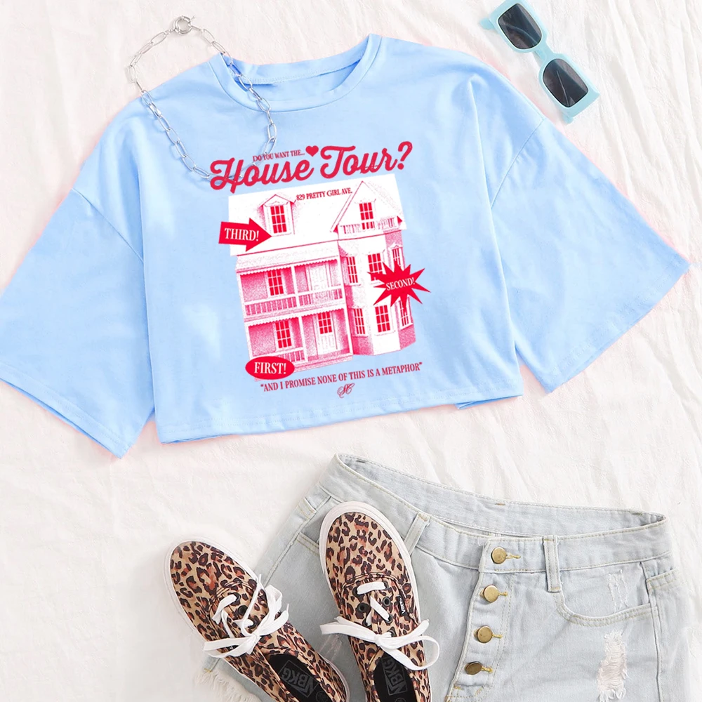 سابرينا كاربنتر هاوس جولة قميص المرأة س الرقبة قصيرة الأكمام المحاصيل قمم تي شيرت #5