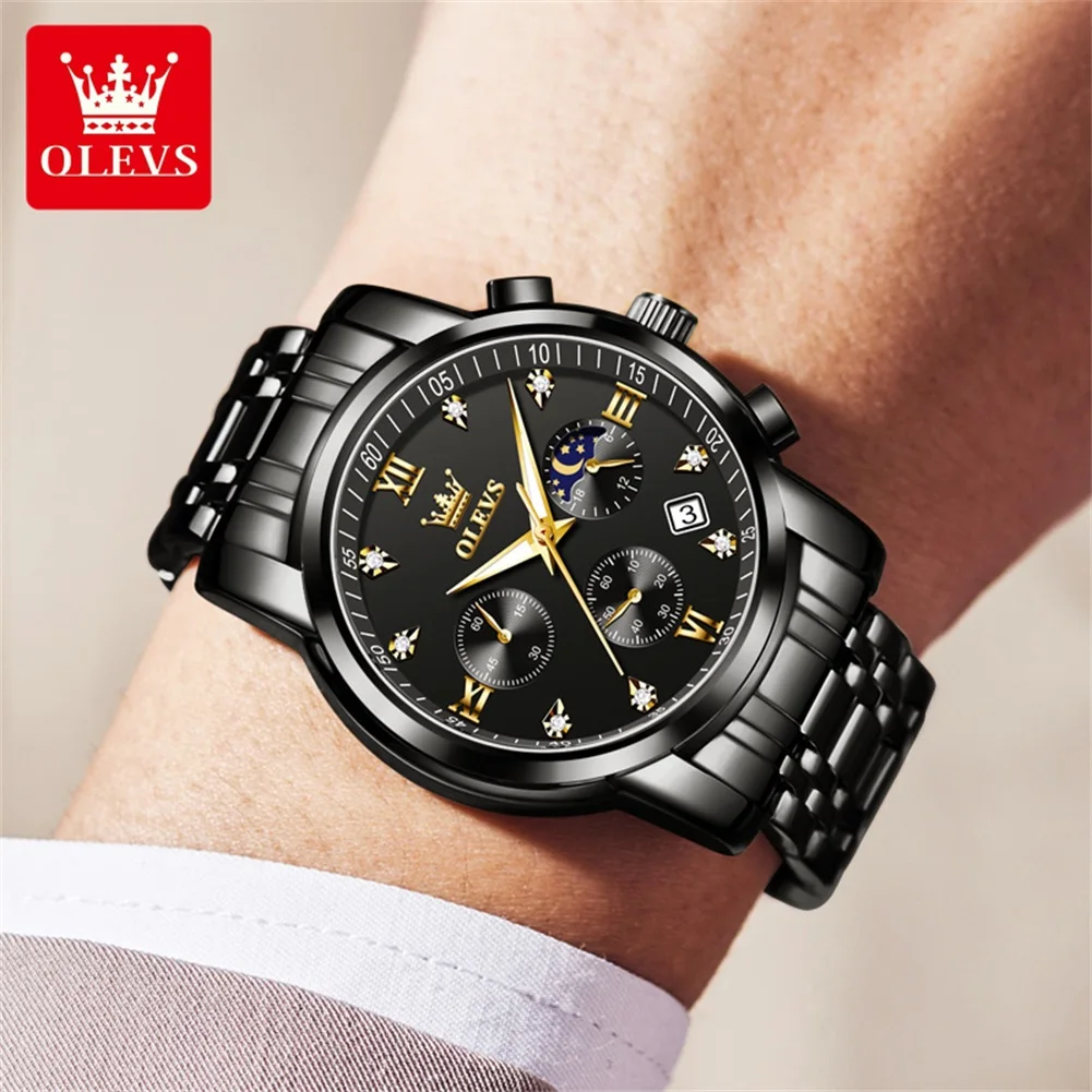 OLEVS นาฬิกาผู้ชายยอดนิยมสแตนเลสสีดำมูนเฟสโครโนกราฟนาฬิกาควอทซ์สำหรับผู้ชายวันที่นาฬิกาข้อมือแบรนด์เดิม