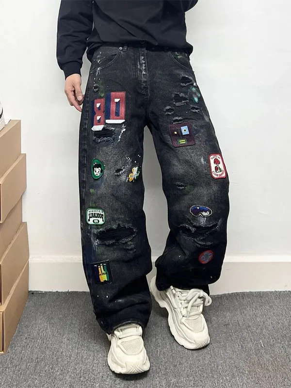 

American High Street Trend Patchwork Loose Casual Versatile Hole Design Jeans Straight Leg Pants for Young Women in Black
