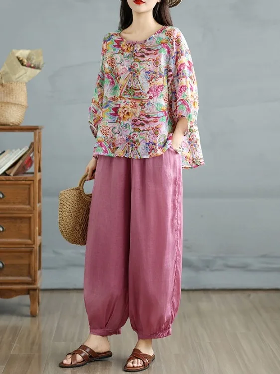 Faionable повседневная футболка с принтом и брюки-фонарики, комплект из двух предметов, круглый летний комплект свободного кроя Ne ort Sve для женщин